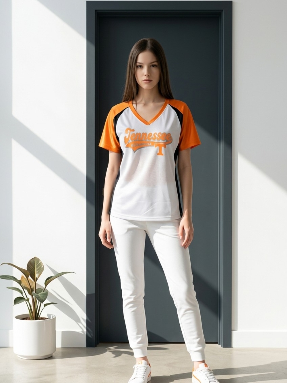 Knights Apparel Women's V-Neck Tee in White & Orange
